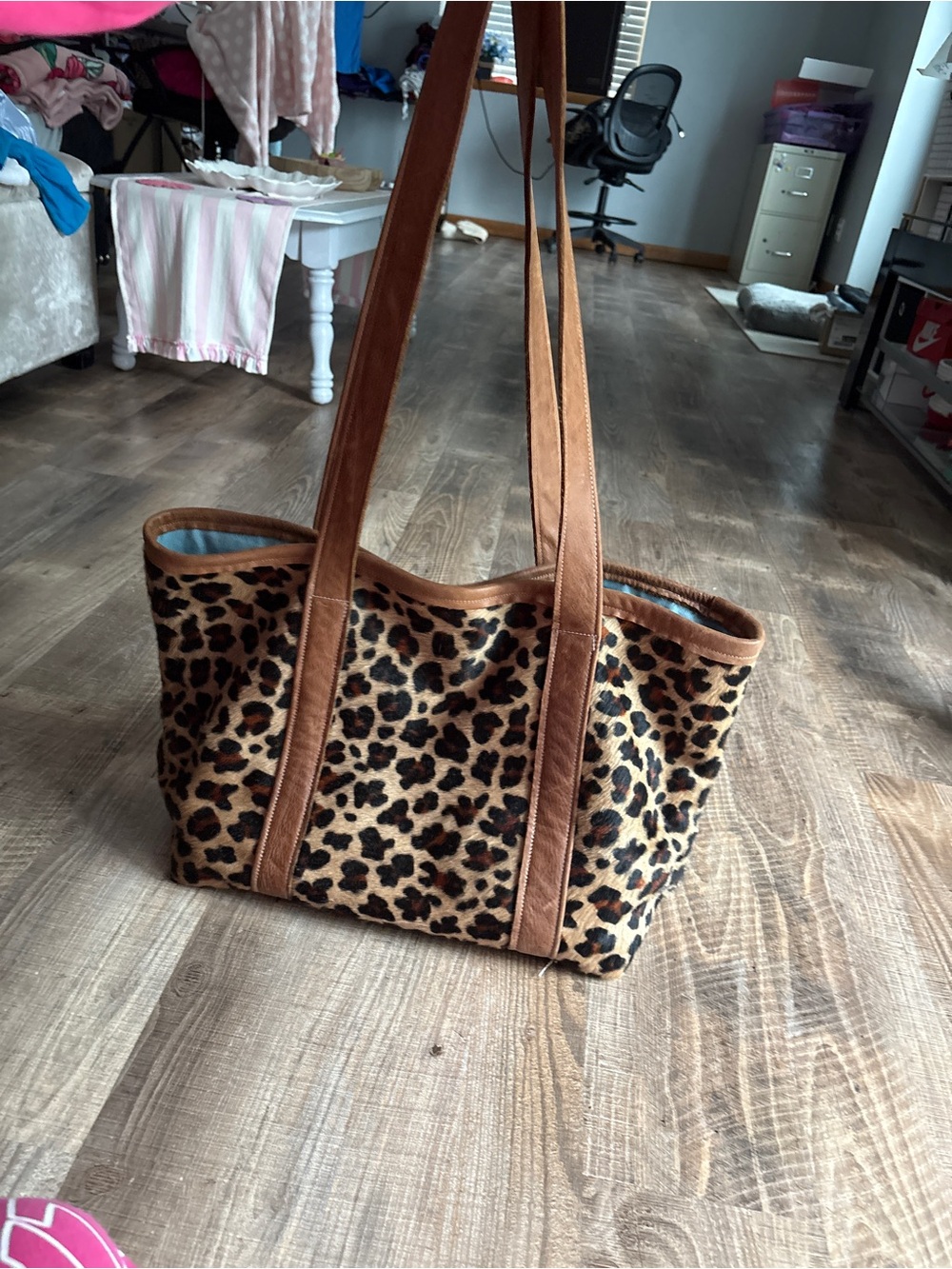 Leopard Print Tote Bag with Brown Trim